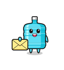 cartoon illustration of gallon water bottle holding a yellow letter