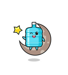 illustration of gallon water bottle cartoon sitting on the half moon