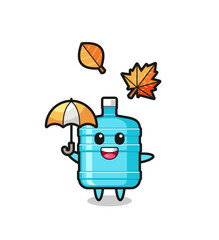 cartoon of the cute gallon water bottle holding an umbrella in autumn