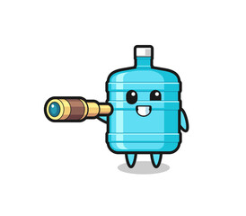 cute gallon water bottle character is holding an old telescope