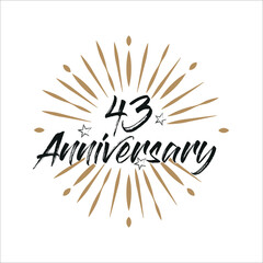 43 years anniversary retro vector emblem isolated template. Vintage logo 43rd years with ribbon and fireworks on white background
