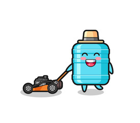 illustration of the gallon water bottle character using lawn mower