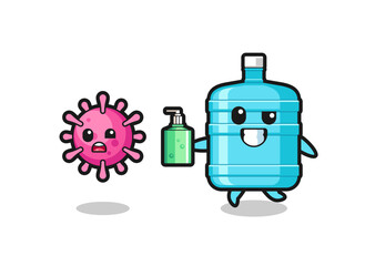 illustration of gallon water bottle character chasing evil virus with hand sanitizer
