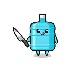 cute gallon water bottle mascot as a psychopath holding a knife