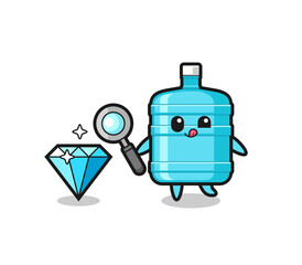 gallon water bottle mascot is checking the authenticity of a diamond