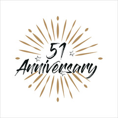 51 years anniversary retro vector emblem isolated template. Vintage logo 51st years with ribbon and fireworks on white background
