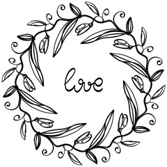 Vector wreath from lines and decorative flowers with a sign "love" - for greeting card on St Valentine's Day. Black lines on white.