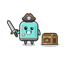 Naklejka premium the toaster pirate character holding sword beside a treasure box