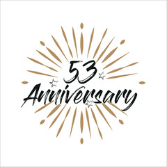 53 years anniversary retro vector emblem isolated template. Vintage logo 53rd years with ribbon and fireworks on white background
