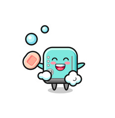 toaster character is bathing while holding soap