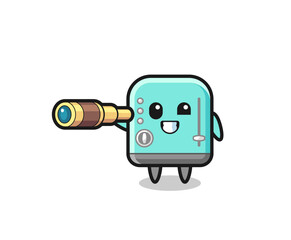 cute toaster character is holding an old telescope