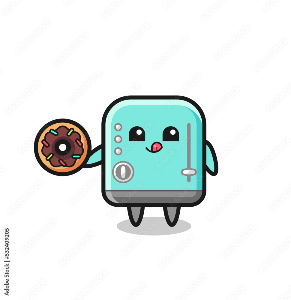 Sticker illustration of an toaster character eating a doughnut