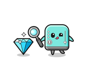toaster mascot is checking the authenticity of a diamond