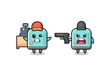 illustration of the cute toaster as a cashier is pointed a gun by a robber