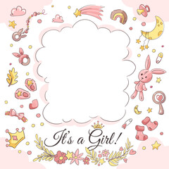 Baby girl shower vector background with pink elements. Frame with set of objects, rabbit, pacifier, infant toys, stars, moon, clouds.  Cute cartoon Card for baby newborn with space for text or photos.