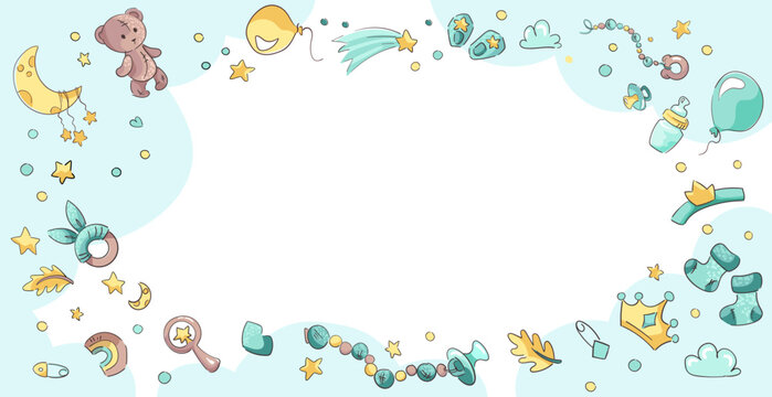 Baby Boy shower vector background with blue elements. Frame with set of objects, bear, pacifier, infant toys, stars, moon, clouds. Cute cartoon Card for baby newborn with space for text or photos.