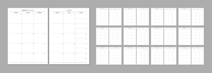 Dated 2023 monthly planner inserts. Minimalist blank planner page. Month on 2 pages. Personal organizer printable sheet layout for your A5 planner, calendar, diary. Vector.
