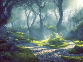 Stone path in a fantasy mystic forest. Soft light, mysterious haze. Fairytale wallpaper. 3D render.

