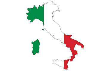 Italy: graphic illustration with silhouettes of Italy in the colors of the flag, with no writing on a neutral white background.