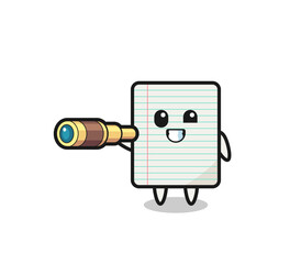 cute paper character is holding an old telescope