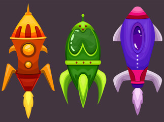 A set of bright neon game rockets. Icons of alien spaceships. Flat graphics. Casual style. Cartoon flying mechanisms, robots, machinery. Cute controlled automatics, props, interface elements