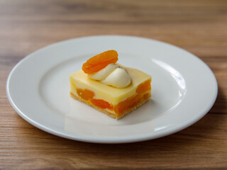 Fototapeta premium Delicious dried apricot mousse cake slice with white chocolate cream on top on wooden table background. Restaurant menu and confectionery concept. Close-up. Top view