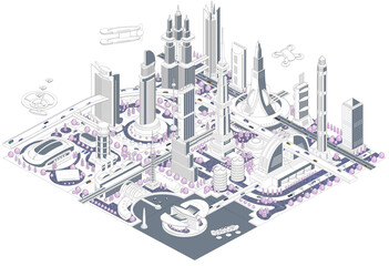 ブロックのように組み合わせれば大きな未来都市になる街並みイラスト　バリエーションあり