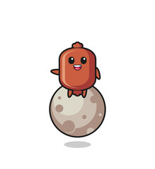 Fototapeta premium illustration of sausage cartoon sitting on the moon
