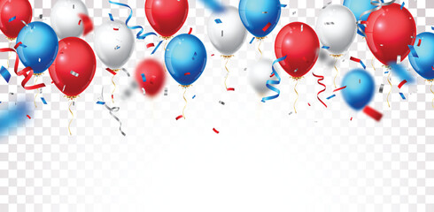 Red, blue and silver balloons with colorful confetti banner background