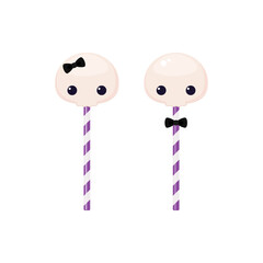 Pair of skull-shaped candies on sticks with bows. Vector illustration isolated on white background