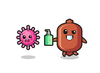 Naklejka premium illustration of sausage character chasing evil virus with hand sanitizer