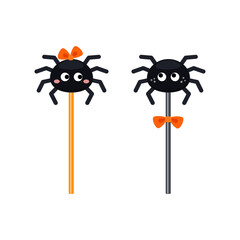 Pair of spider-shaped candies on sticks. Flat vector illustration isolated on white background