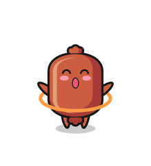 cute sausage cartoon is playing hula hoop