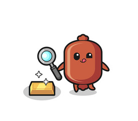 sausage character is checking the authenticity of the gold bullion