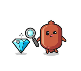 sausage mascot is checking the authenticity of a diamond