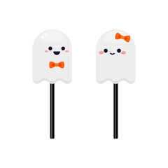Pair of ghost-shaped candies on sticks with bows. Vector illustration isolated on white background