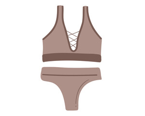 Beige sports lingerie set, top with panties. Two-piece swimsuit. Vector illustration isolated on white background