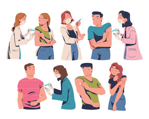 Vaccination with People Characters Vaccinated in Their Upper Arm with Doctor Holding Syringe Vector Set