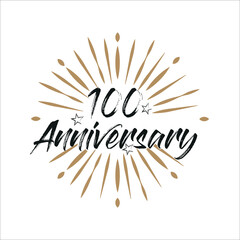  100 years anniversary retro vector emblem isolated template. Vintage logo 100th years with ribbon and fireworks on white background

