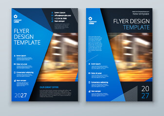 Flyer design. Corporate business report cover, brochure or flyer design. Leaflet presentation with abstract blue accent, polygonal shaped background. Modern poster magazine, layout, template. A4.