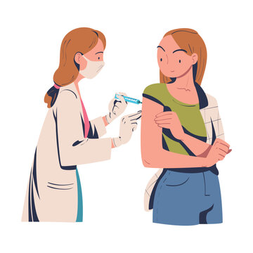 Vaccination with Woman Character Vaccinated in Her Upper Arm with Doctor Holding Syringe Vector Illustration