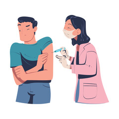 Vaccination with Man Character Vaccinated in His Upper Arm with Doctor Holding Syringe Vector Illustration