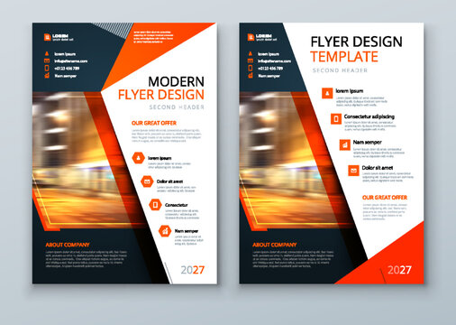 Flyer design. Corporate business report cover, brochure or flyer design. Leaflet presentation with abstract orange accent, polygonal shaped background. Modern poster magazine, layout, template. A4.