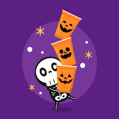 Cute halloween skeleton cartoon. Skeleton in halloween day. Halloween character cartoon. Happy halloween greeting card. Plastic cup vector.