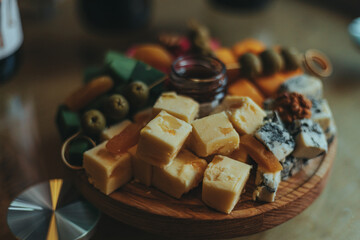 Cheese tasting on a wooden plate. Food for wine and romantic, cheesy delicacies. Cheese set.