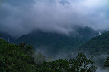 Waterfall and clouds in the hills of Meghalaya