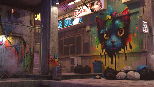 3D rendered cyberpunk street of night city