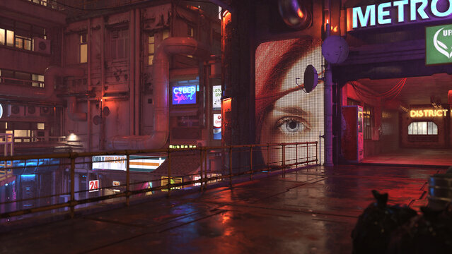 3D rendered cyberpunk street of night city