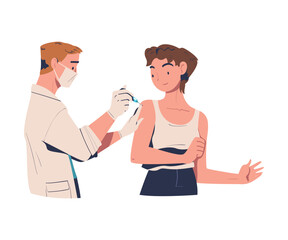 Vaccination with Woman Character Vaccinated in Her Upper Arm with Doctor Holding Syringe Vector Illustration