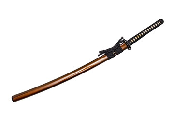 Japanese sword with black cord, steel fitting and shiny brown gold scabbard on white background. Selective focus.